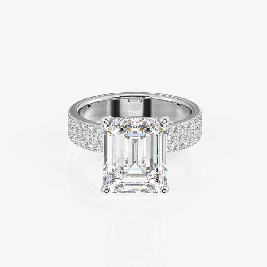Emerald Cut Lab Grown Diamond Three Layer Pave 9K Gold Ring