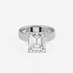 Emerald Cut Lab Grown Diamond Three Layer Pave 18K Gold Ring