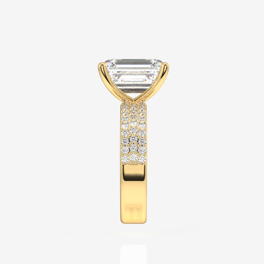 Emerald Cut Lab Grown Diamond Three Layer Pave 9K Gold Ring