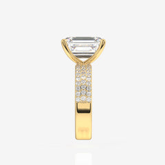 Emerald Cut Lab Grown Diamond Three Layer Pave 18K Gold Ring