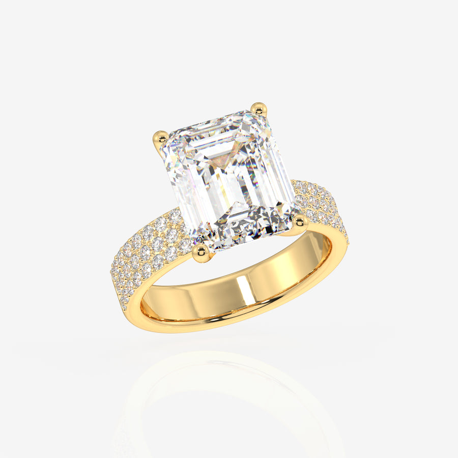 Emerald Cut Lab Grown Diamond Three Layer Pave 9K Gold Ring