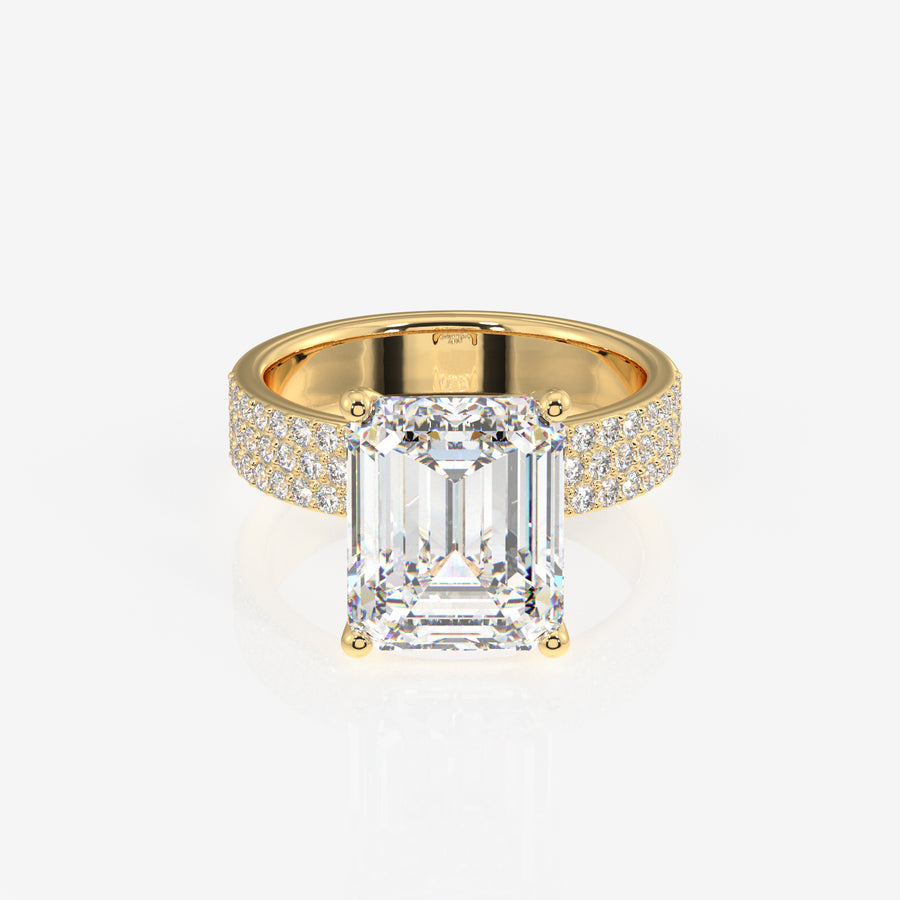 Emerald Cut Lab Grown Diamond Three Layer Pave 9K Gold Ring