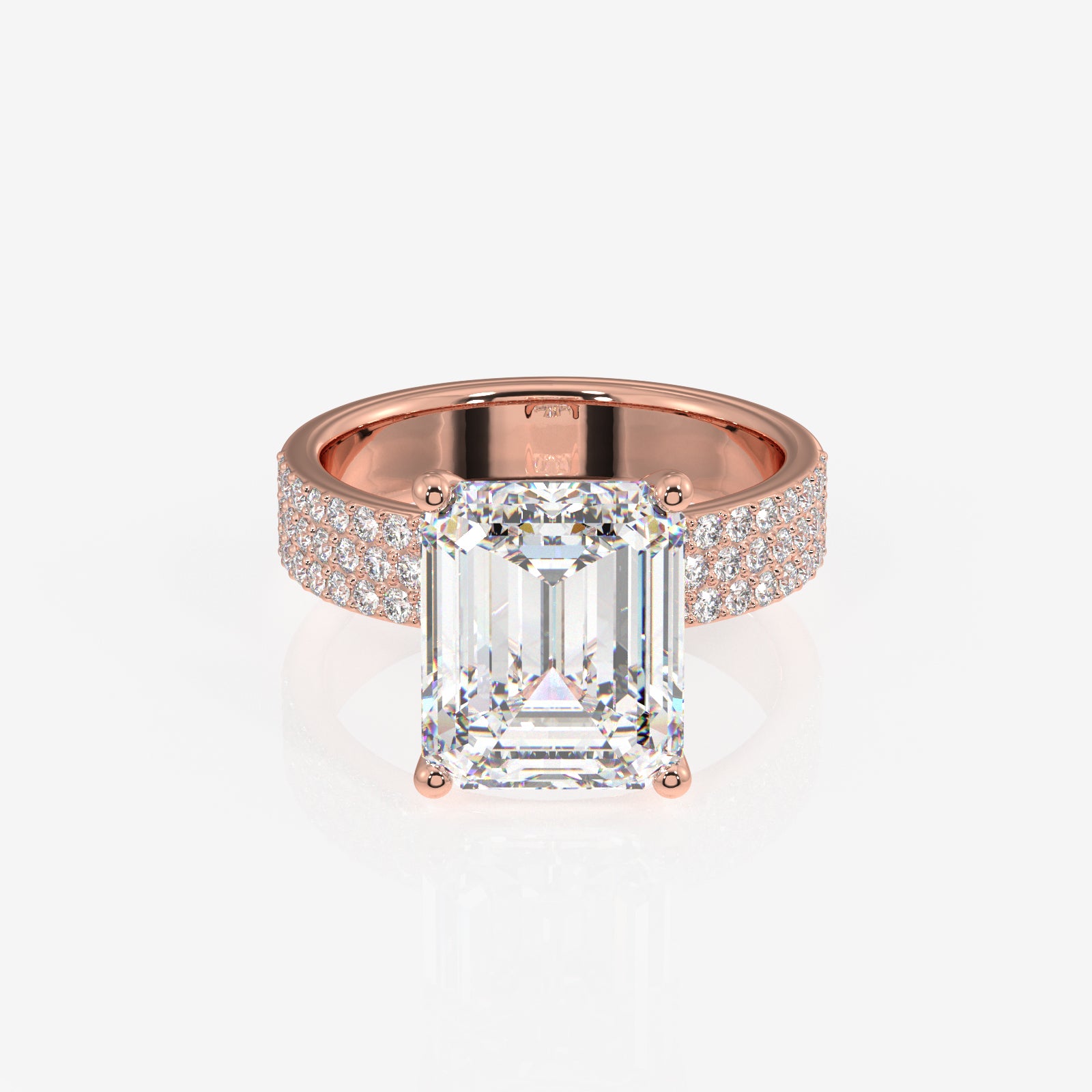 Emerald Cut Lab Grown Diamond Three Layer Pave 9K Gold Ring