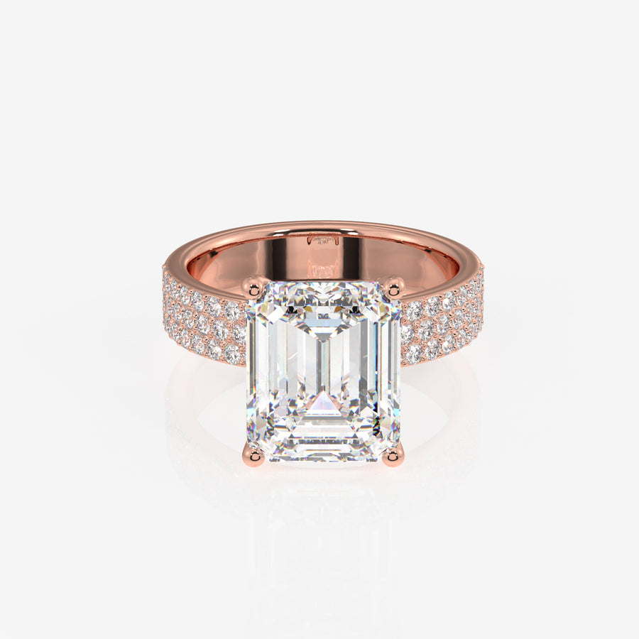 Emerald Cut Lab Grown Diamond Three Layer Pave 9K Gold Ring
