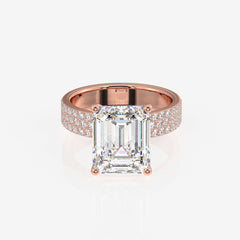 Emerald Cut Lab Grown Diamond Three Layer Pave 18K Gold Ring