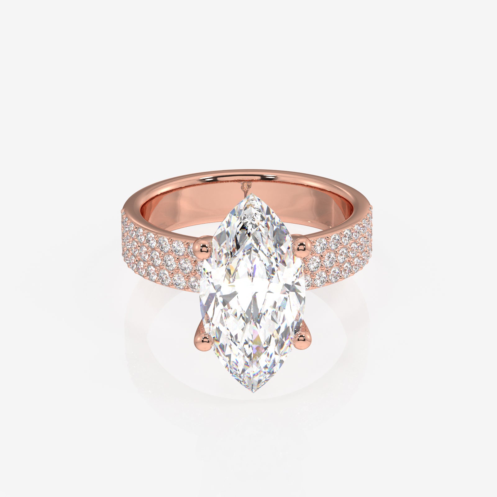 Marquise Cut Lab Grown Diamond Three Layer Pave 14K Gold Ring