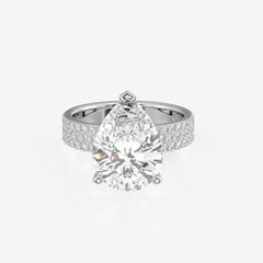 Pear Cut Lab Grown Diamond Three Layer Pave 18K Gold Ring