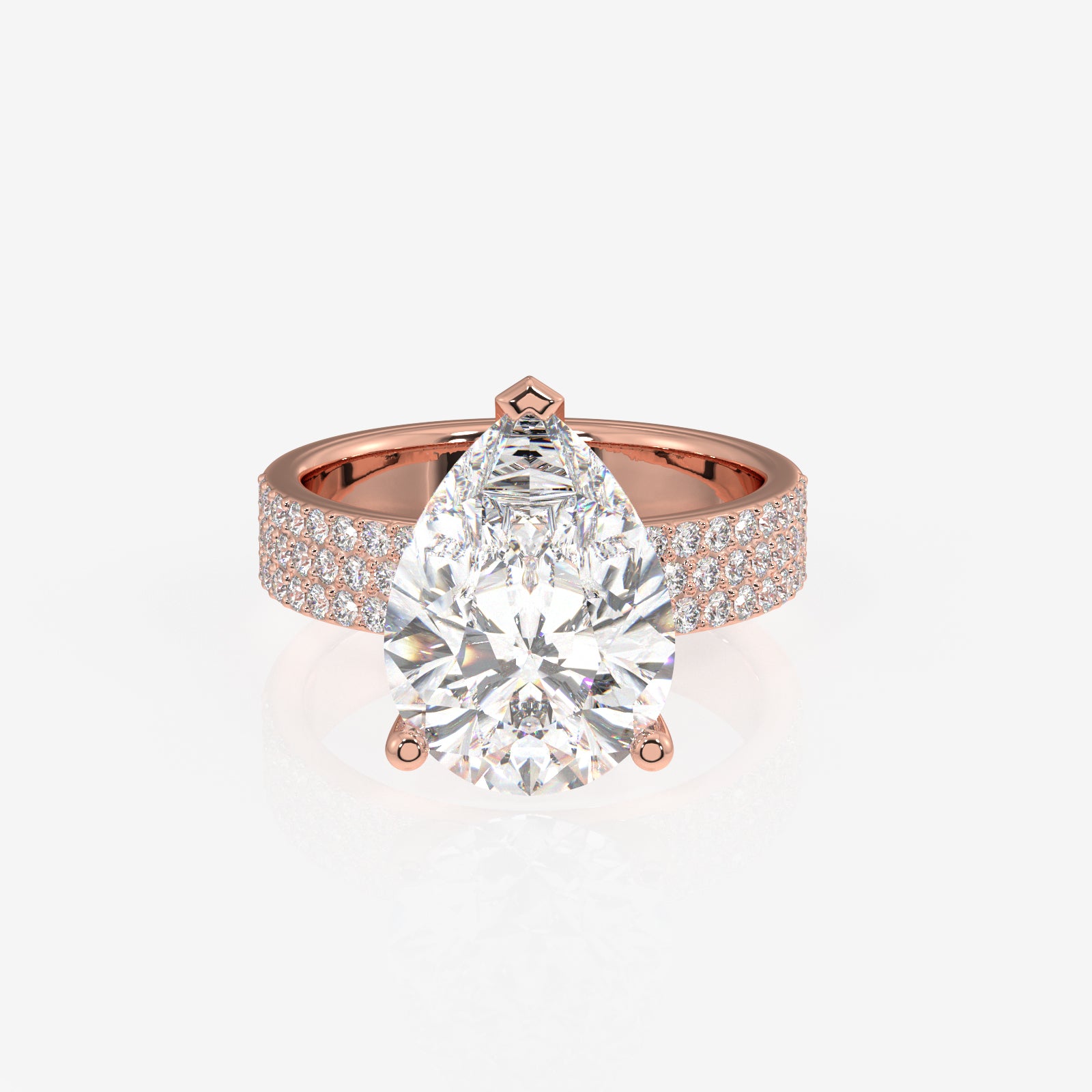 Pear Cut Moissanite Diamond Three Layer Pave 14K Gold Ring