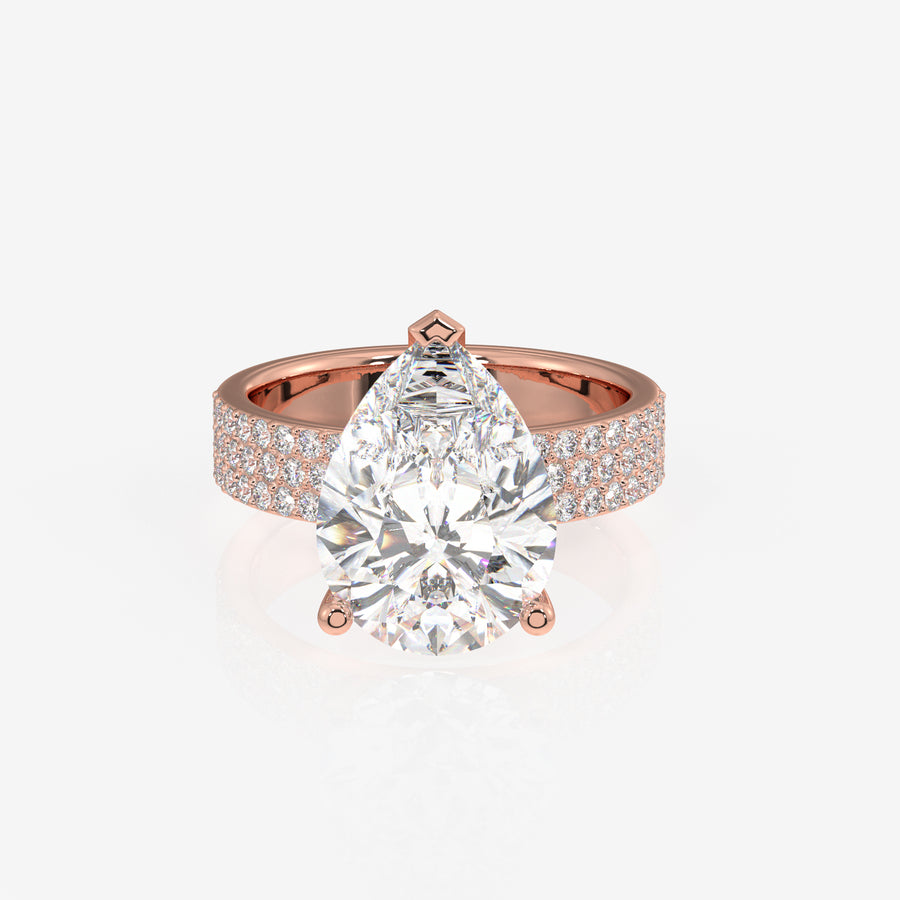 Pear Cut Moissanite Diamond Three Layer Pave 14K Gold Ring