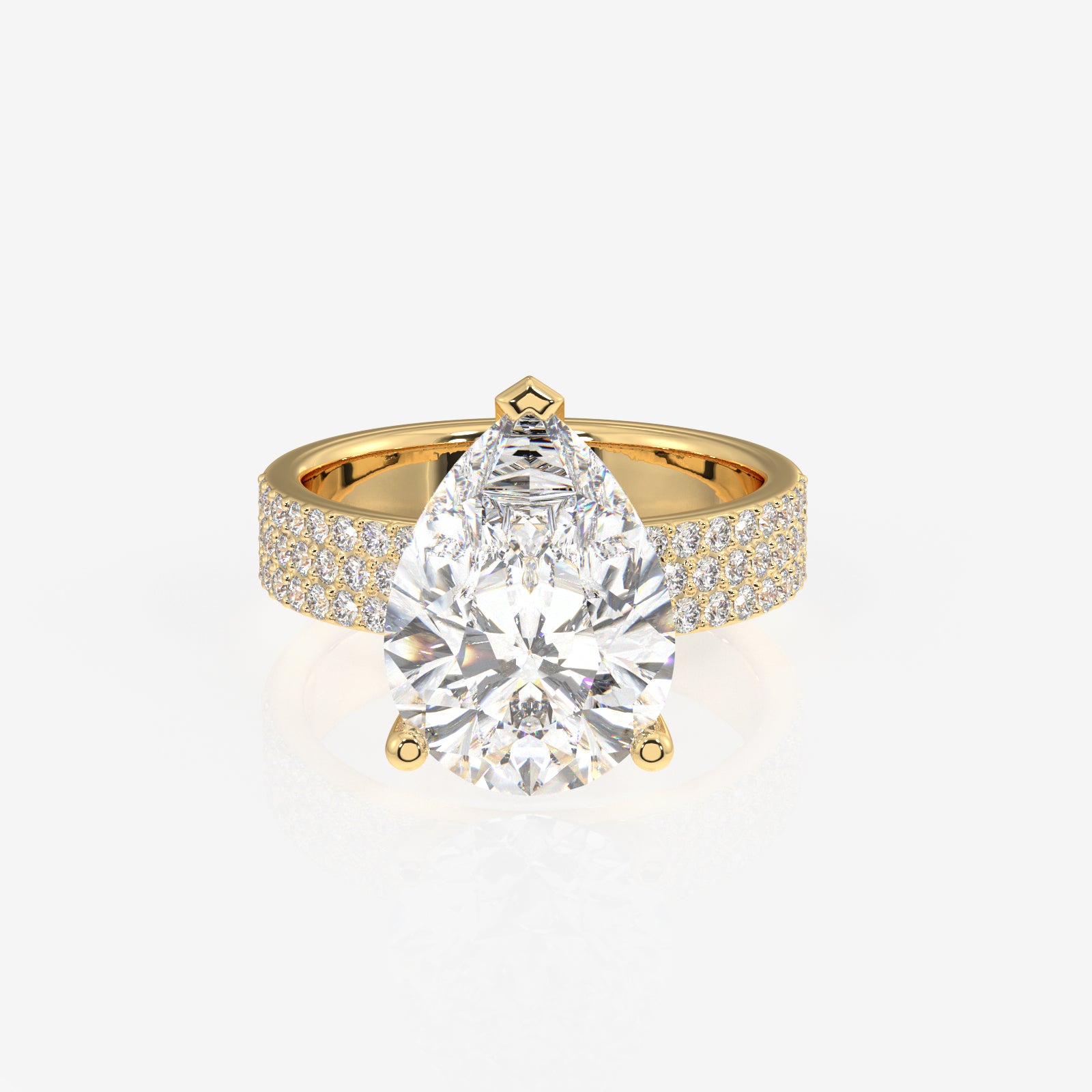 Pear Cut Moissanite Diamond Three Layer Pave 14K Gold Ring