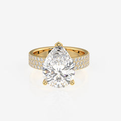 Pear Cut Lab Grown Diamond Three Layer Pave 18K Gold Ring