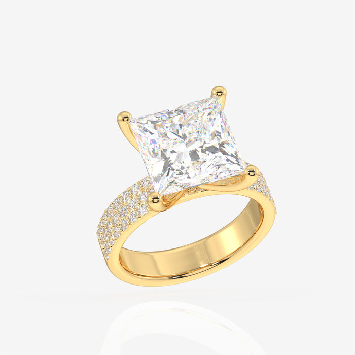 Princess Cut Moissanite Diamond Three Layer Pave 18K Gold Ring