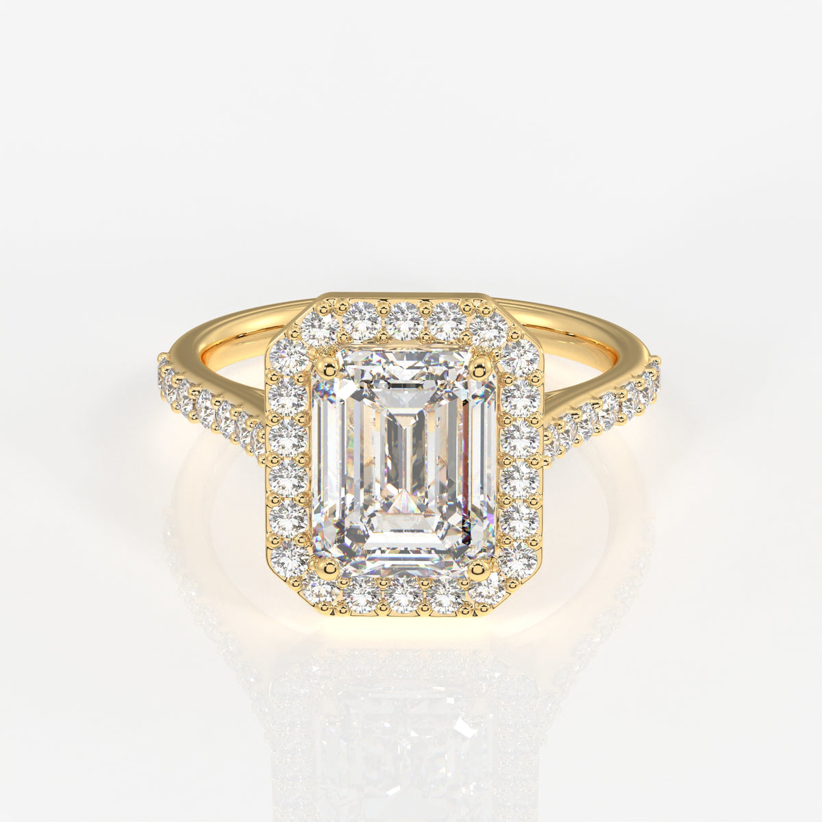 Emerald Cut Lab Grown Diamond Halo Engagement 18K Gold Ring