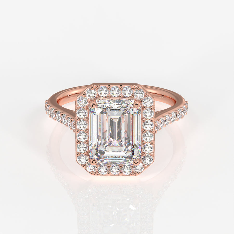 Emerald Cut Moissanite Diamond Halo Engagement 14K Gold Ring