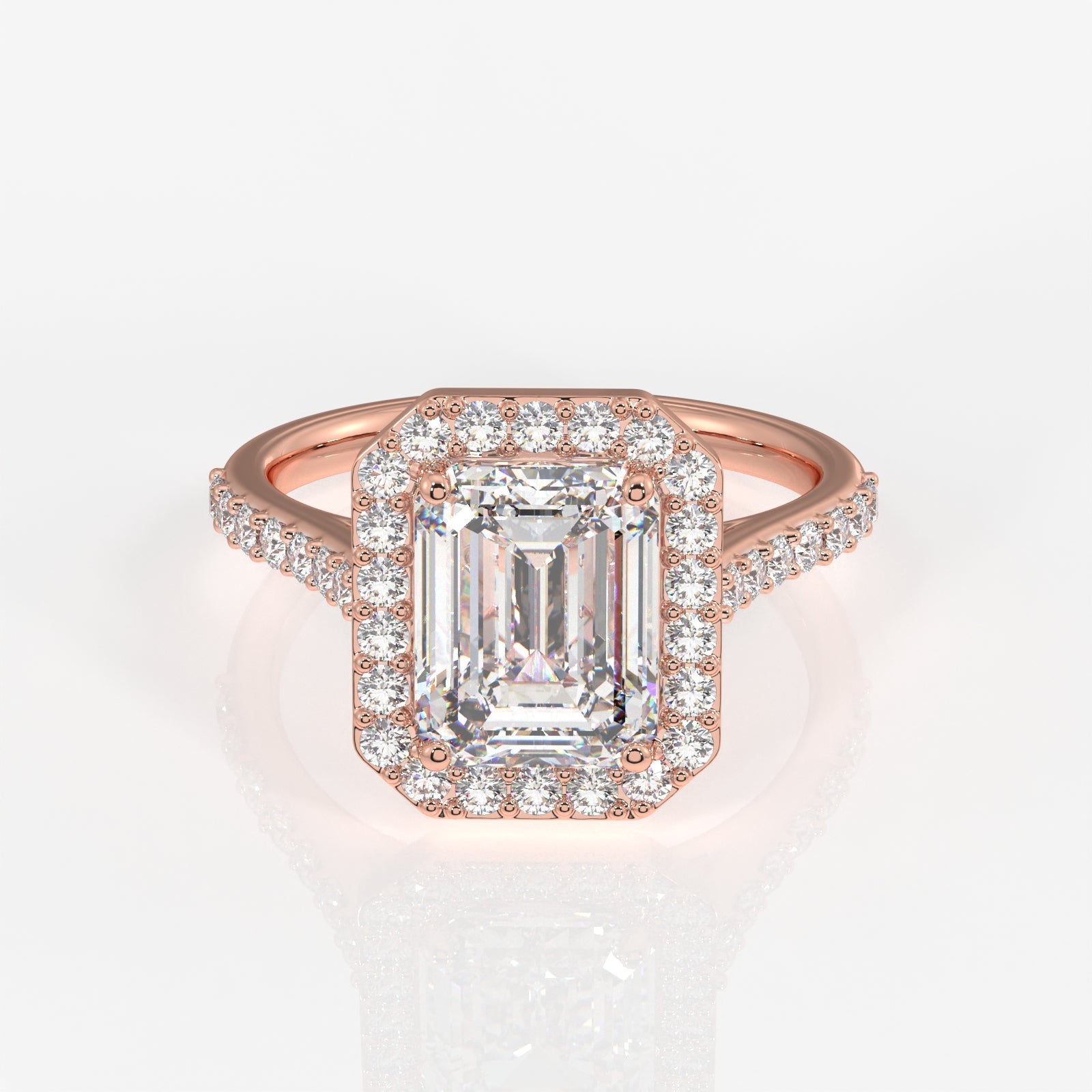 Emerald Cut Moissanite Diamond Halo Engagement Sterling Silver Ring