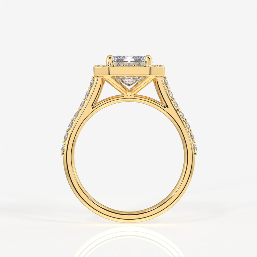 Emerald Cut Moissanite Diamond Halo Engagement 14K Gold Ring