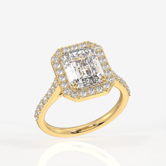 Emerald Cut Lab Grown Diamond Halo Engagement 14K Gold Ring