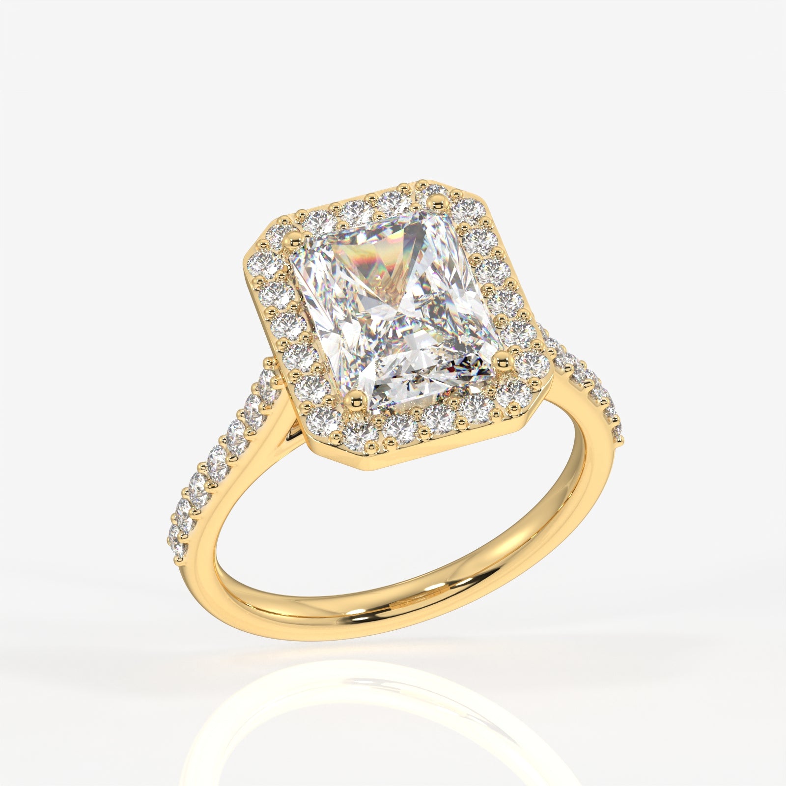 Radiant Cut Moissanite Diamond Halo Engagement 9K Gold Ring
