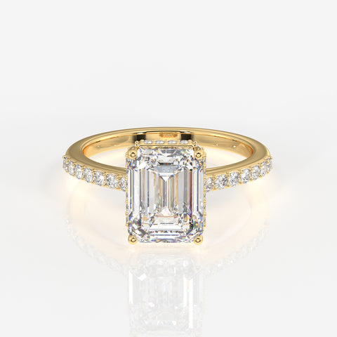 Emerald Cut Moissanite Diamond Hidden Halo Sterling Silver Ring