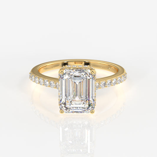 Emerald Cut Moissanite Diamond Hidden Halo 18k Gold Ring