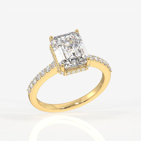 Emerald Cut Moissanite Diamond Hidden Halo 18k Gold Ring