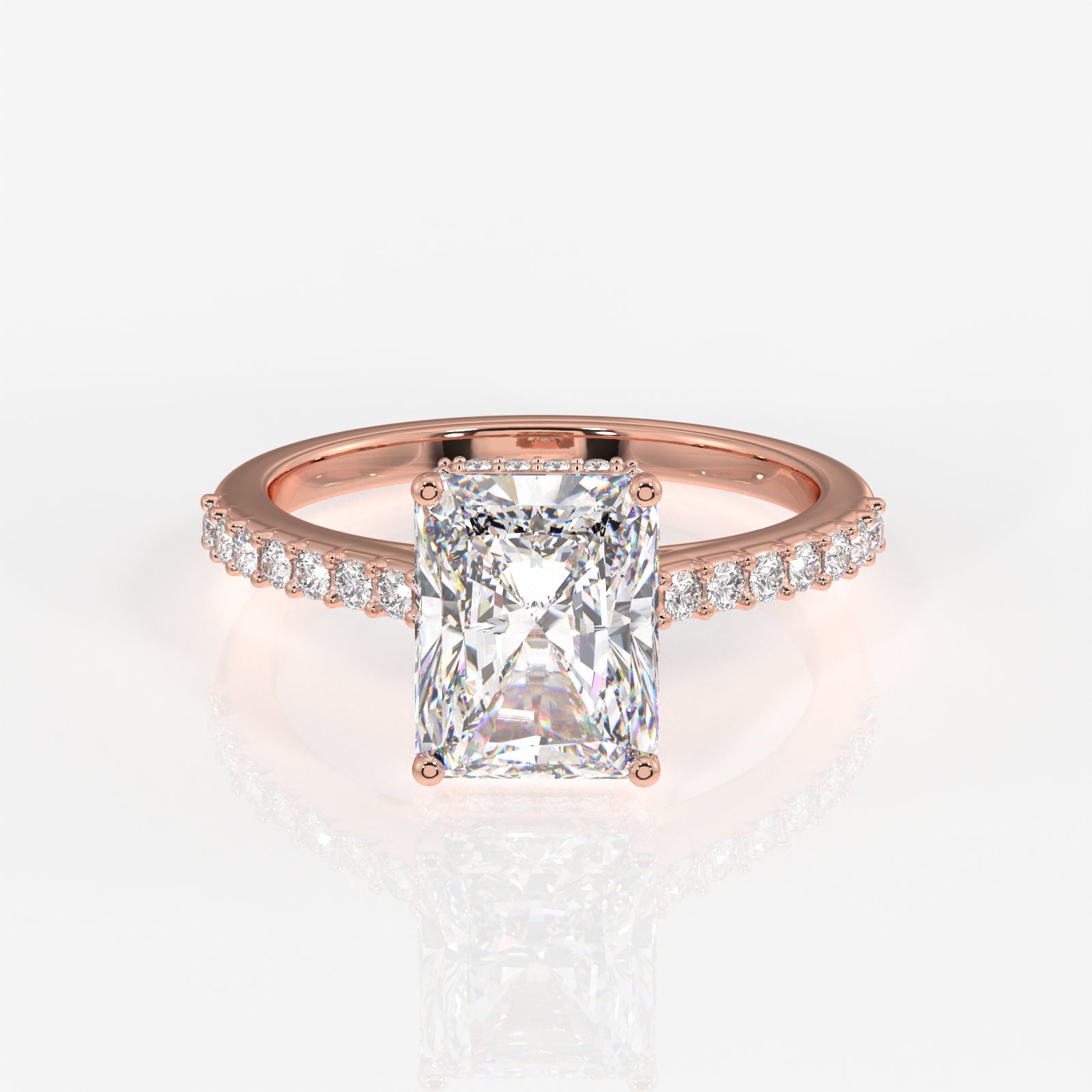 Radiant Cut Moissanite Diamond Hidden Halo 18k Gold Ring
