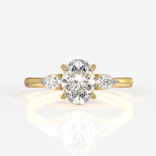 Oval and Pear Cut Lab Grown Diamond Three Stone 18k Gold Ring