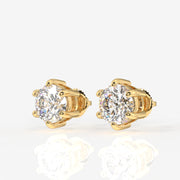 Portuguese Cut Lab Grown Diamond Six Prong Stud 9K Gold Earrings