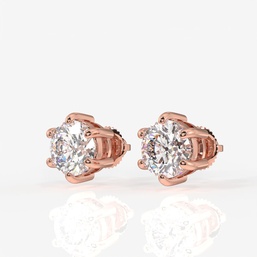 Round Cut Lab Grown Diamond Six Prong Stud 14k Gold Earrings