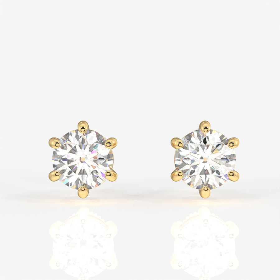 Round Cut Lab Grown Diamond Six Prong Stud 14k Gold Earrings