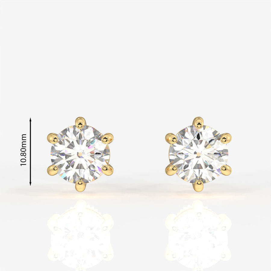Round Cut Lab Grown Diamond Six Prong Stud 14k Gold Earrings