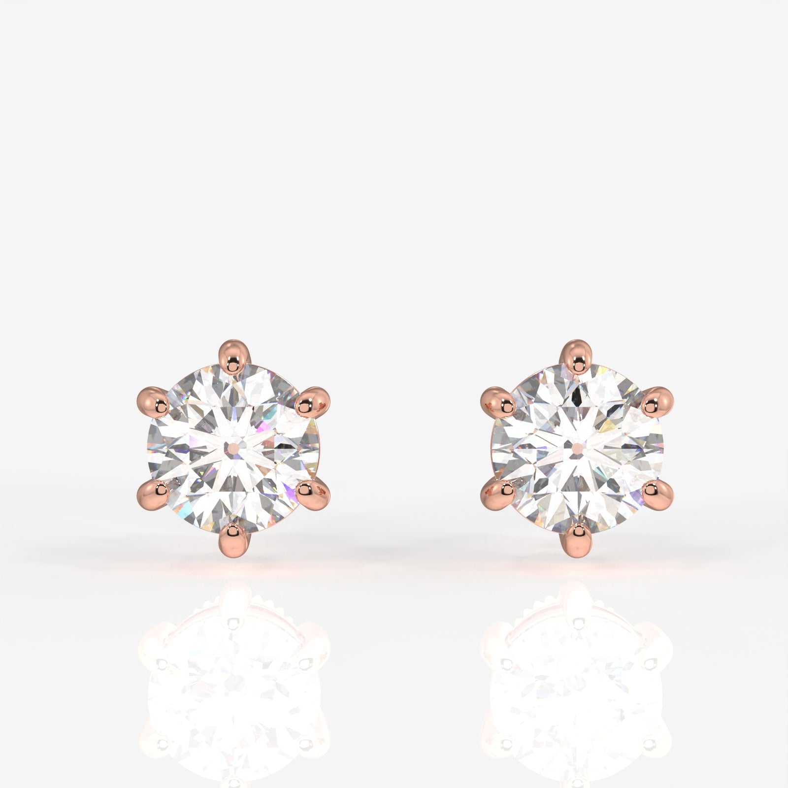 Round Cut Lab Grown Diamond Six Prong Stud 14k Gold Earrings