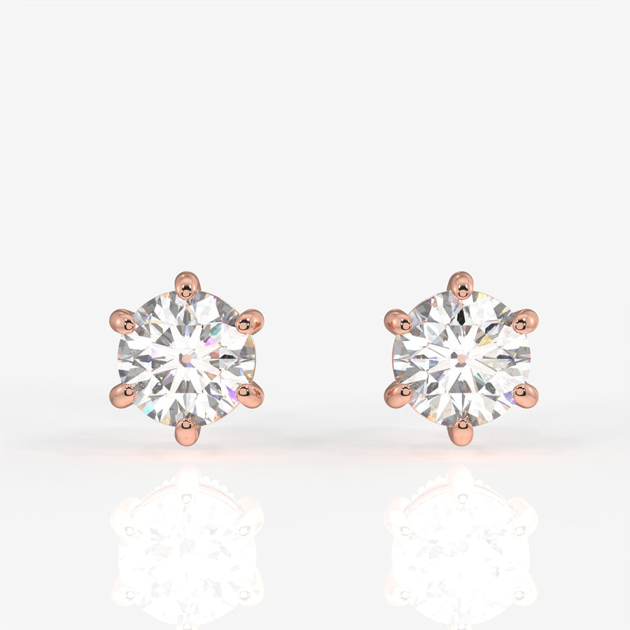 Round Cut Lab Grown Diamond Six Prong Stud 14k Gold Earrings