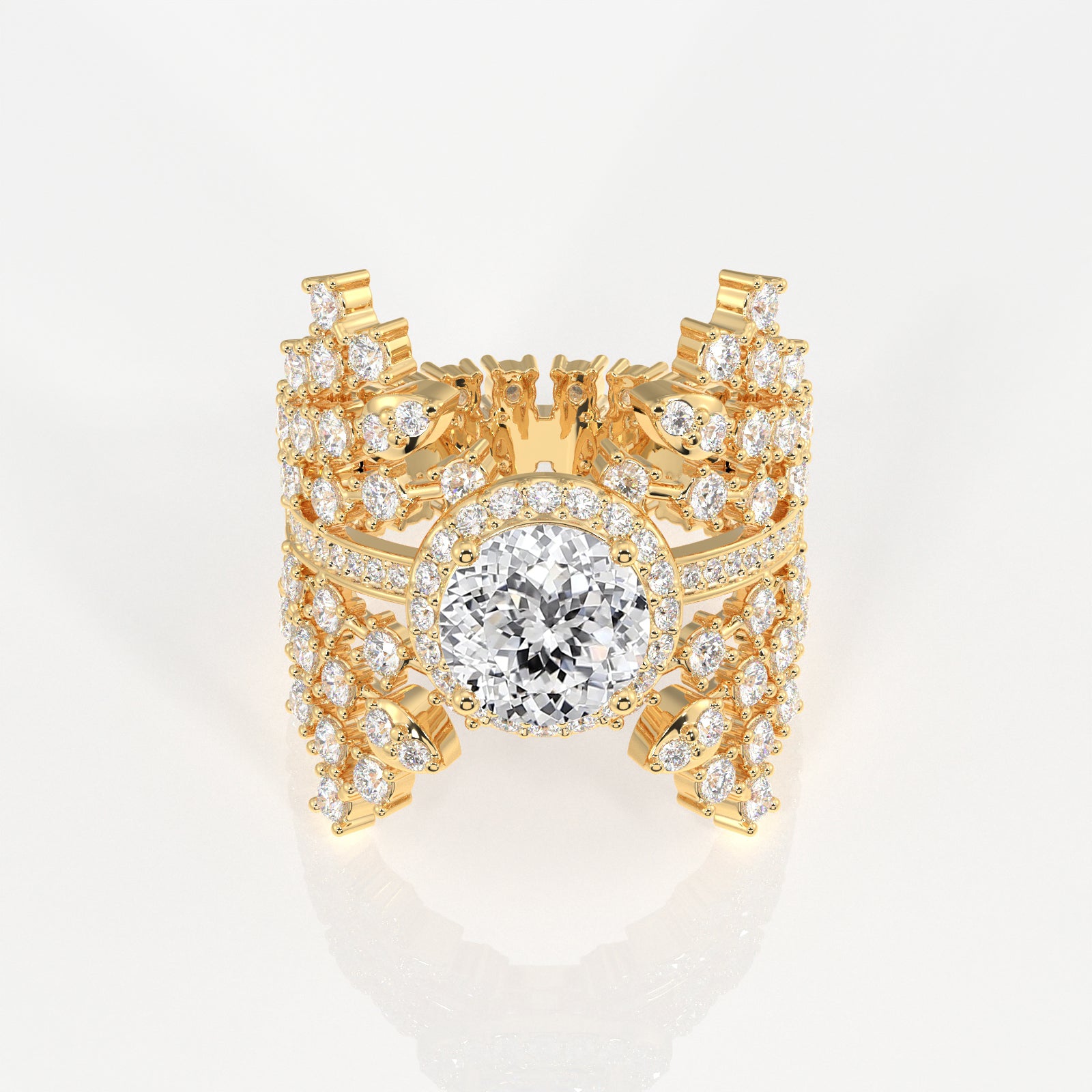 Portuguese Cut Moissanite Diamond Cocktail 14K Gold Ring