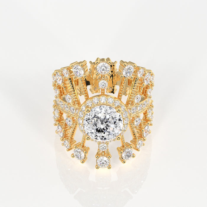 Portuguese  Cut Moissanite Diamond Cocktail 18K Gold Ring