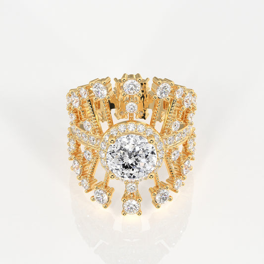 Portuguese  Cut Moissanite Diamond Cocktail Sterling Silver Ring