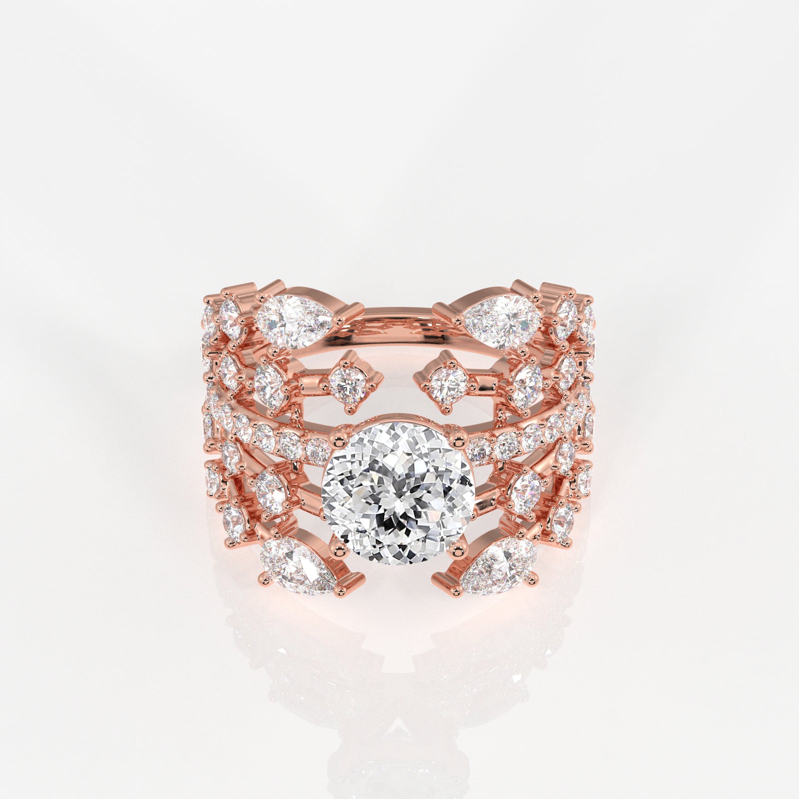 Portuguese and Marquise Cut Moissanite Diamond Cocktail 14K Gold Ring