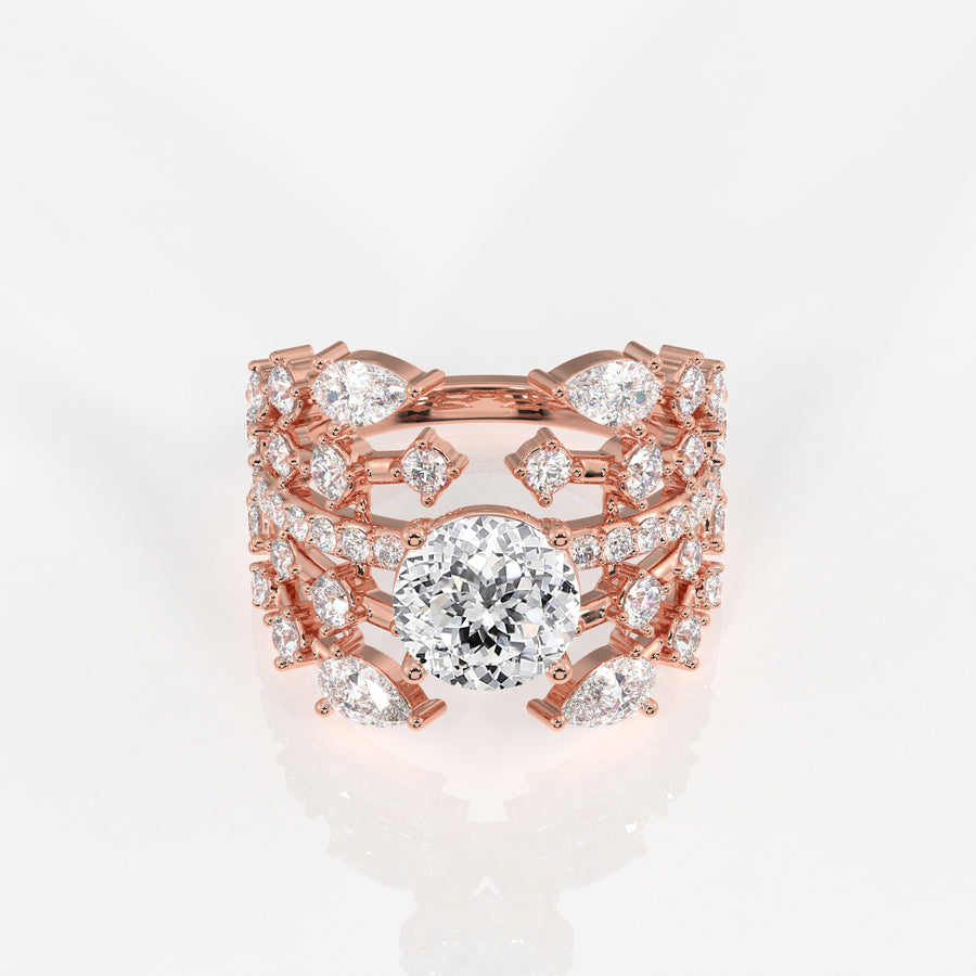 Portuguese and Marquise Cut Moissanite Diamond Cocktail 14K Gold Ring