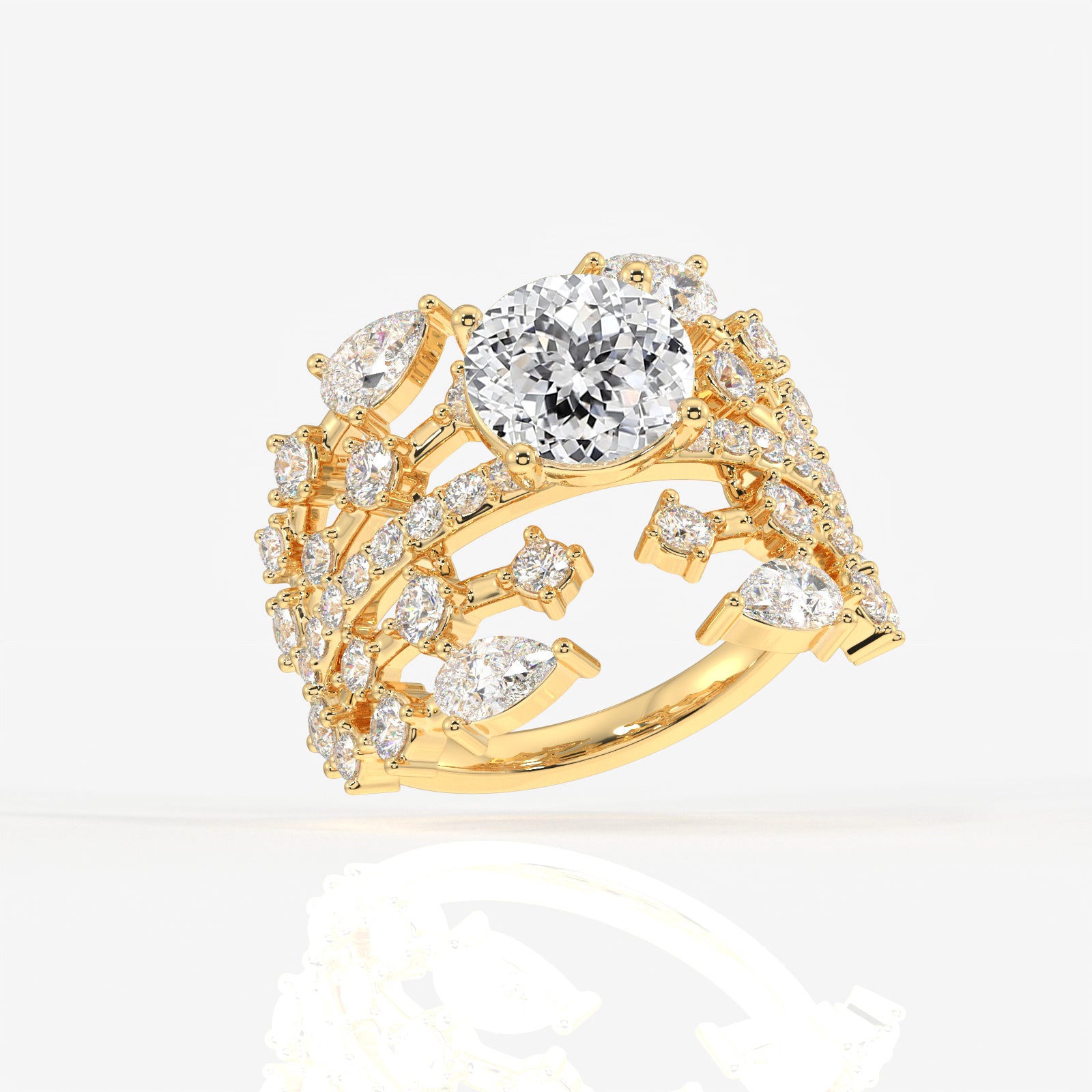 Portuguese and Marquise Cut Moissanite Diamond Cocktail 14K Gold Ring