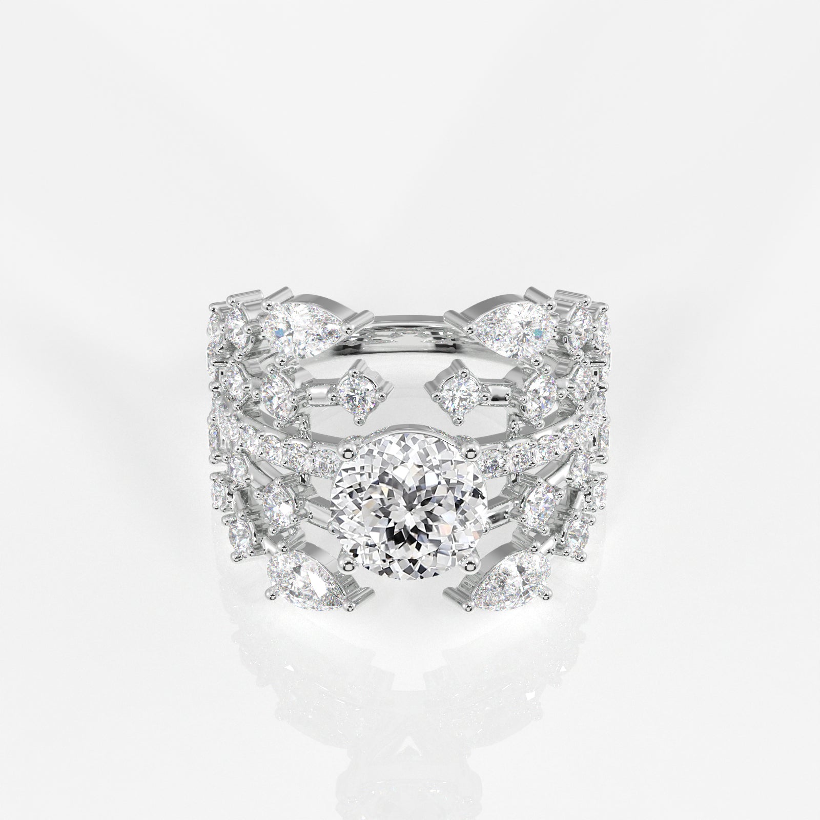 Portuguese and Marquise Cut Moissanite Diamond Cocktail 14K Gold Ring