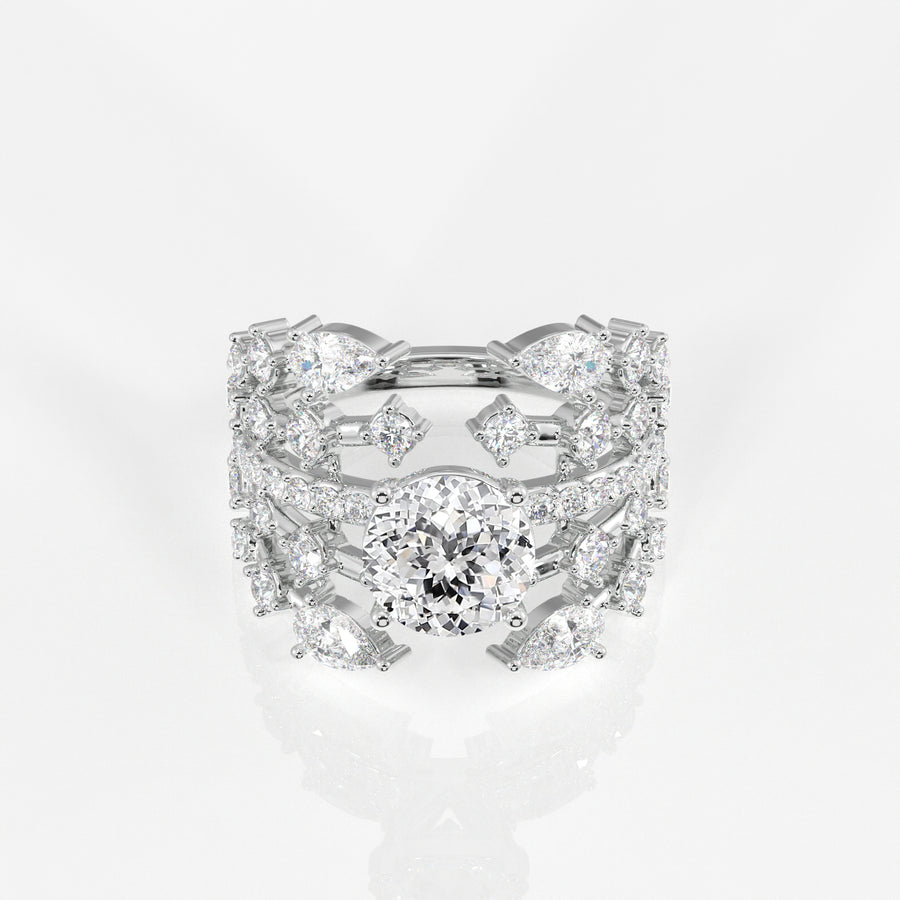 Portuguese and Marquise Cut Moissanite Diamond Cocktail 14K Gold Ring