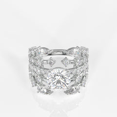 Round and Marquise Cut Moissanite Diamond Cocktail Sterling Silver Ring