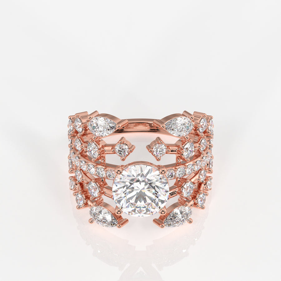 Round and Pear Cut Lab Grown Diamond Cocktail 9K Gold Ring