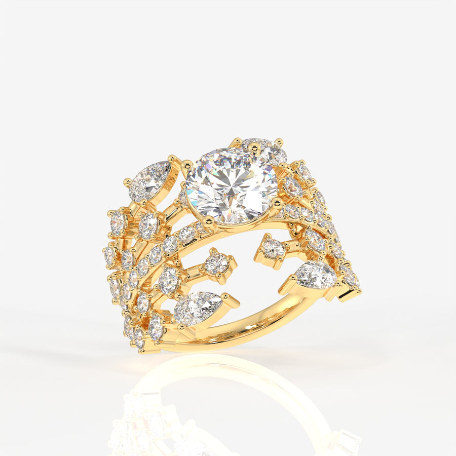 Round and Pear Cut Lab Grown Diamond Cocktail 9K Gold Ring