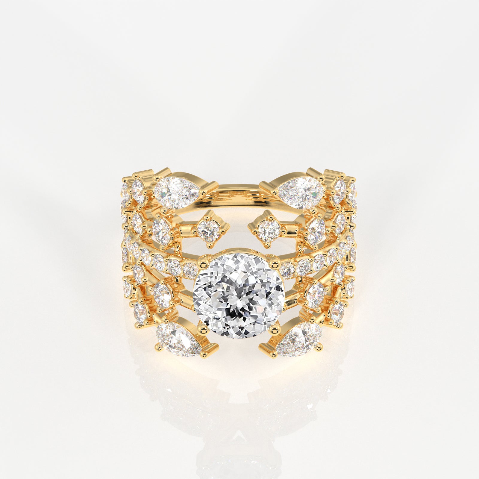 Portuguese and Marquise Cut Moissanite Diamond Cocktail 14K Gold Ring