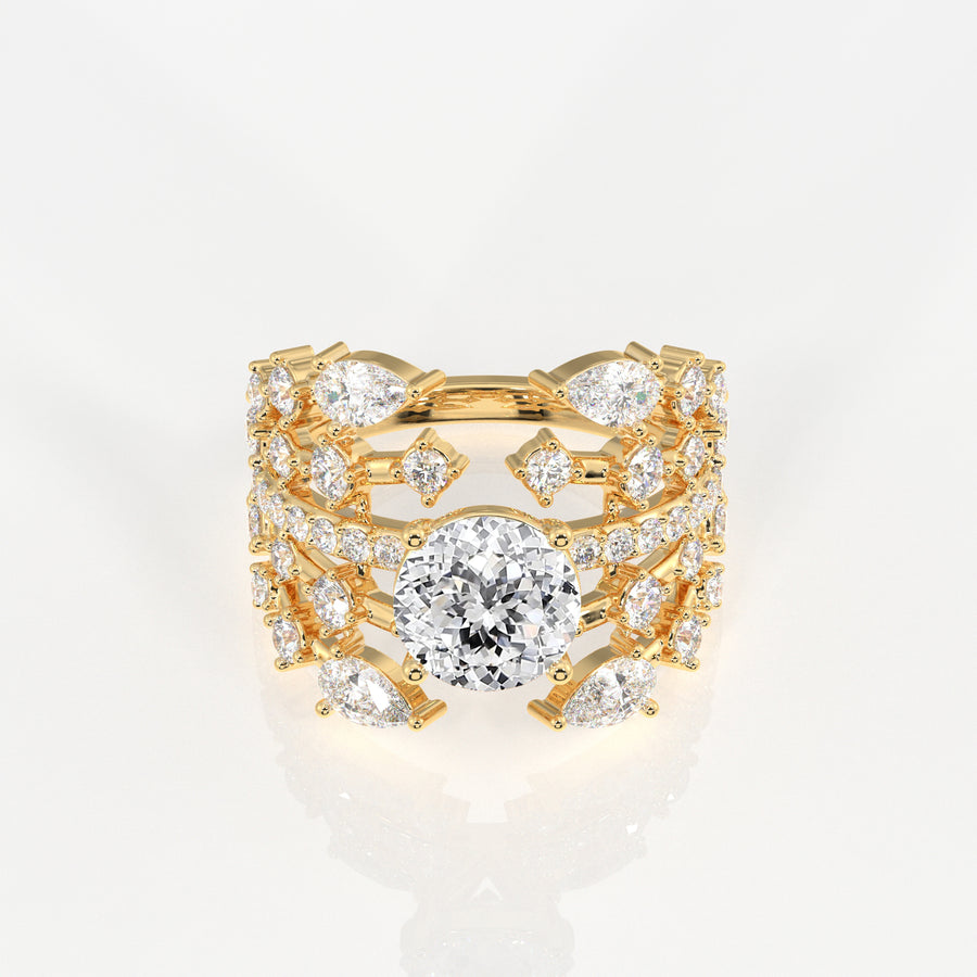 Portuguese and Marquise Cut Moissanite Diamond Cocktail 14K Gold Ring