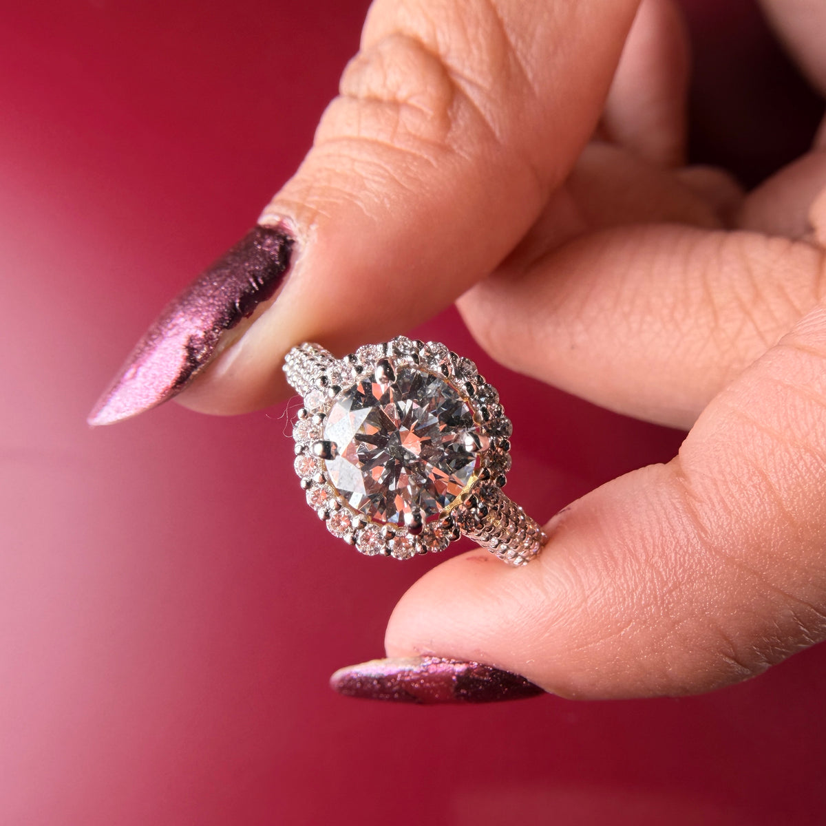 Grand Double Halo Round Cut Lab Grown Diamond Engagement 18K Gold Ring