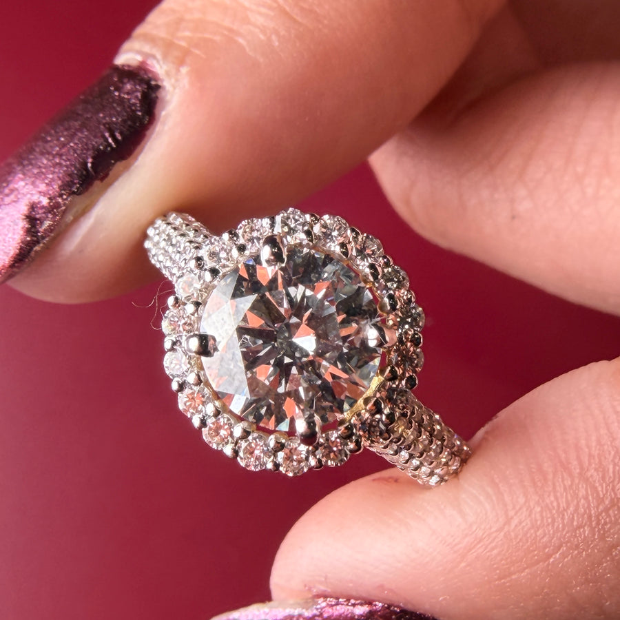 Grand Double Halo Round Cut Lab Grown Diamond Engagement 18K Gold Ring