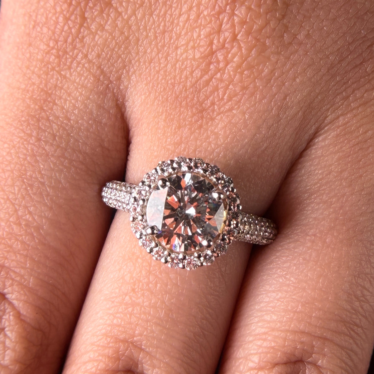 Grand Double Halo Round Cut Lab Grown Diamond Engagement 18K Gold Ring