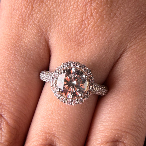 Grand Double Halo Round Cut Lab Grown Diamond Engagement 18K Gold Ring